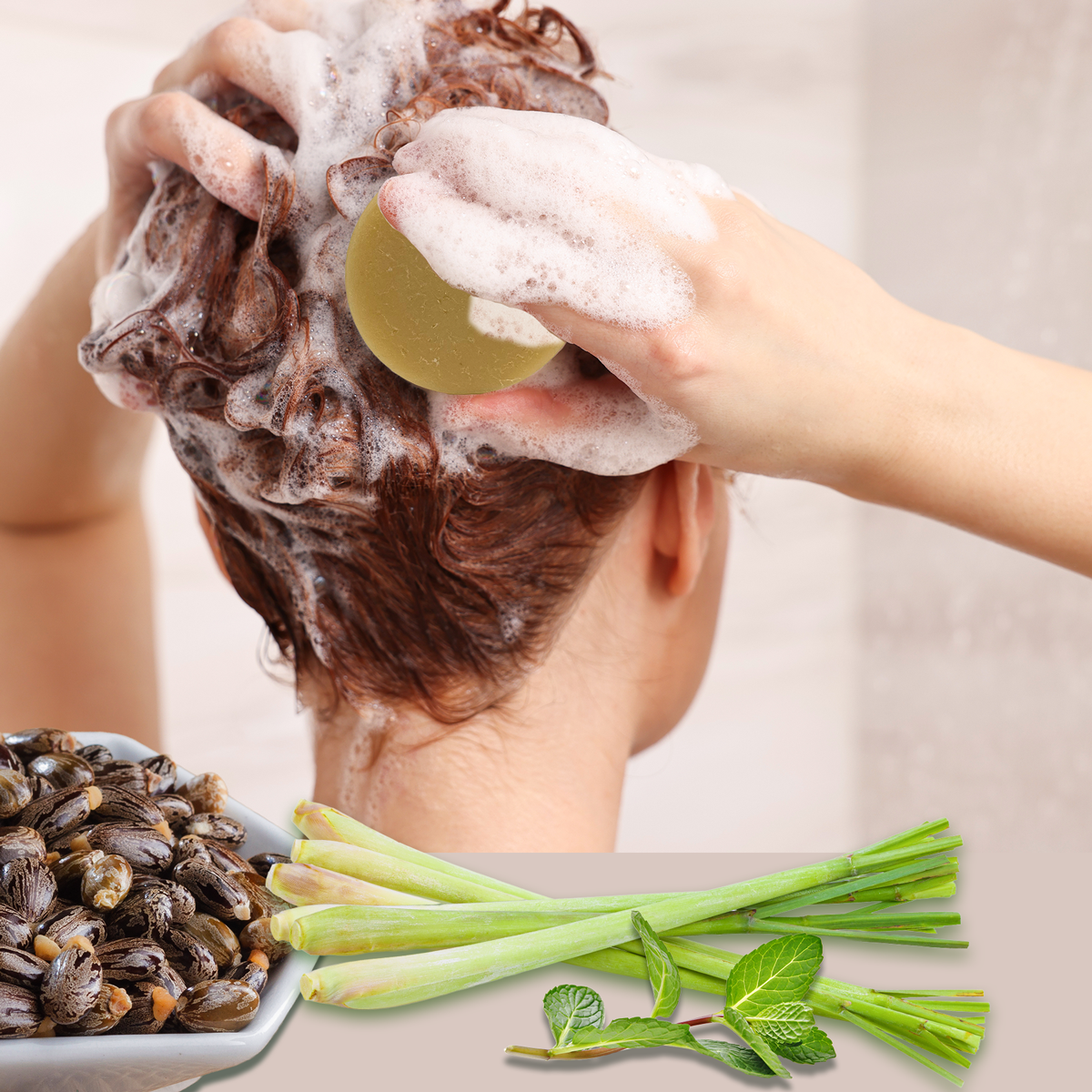 Doyley's Haitian Black Castor Oil Shampoo Bar 5oz lifestyle banner woman washing hair. Botanicals.