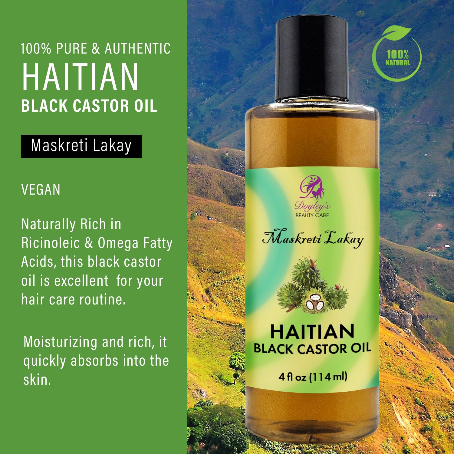 Bottle of Doyley's Haitian Black Castor Oil authentic, vegan, features.
