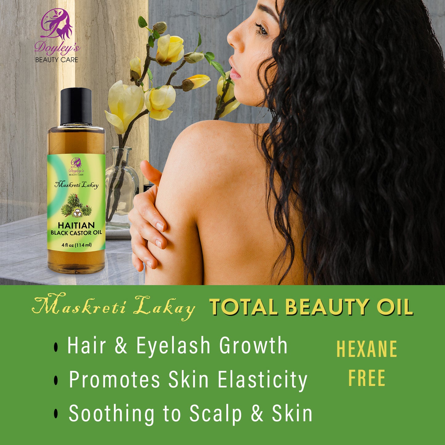 Woman with long hair portraying Doyley's Haitian Black Castor Oil for Skin care. 