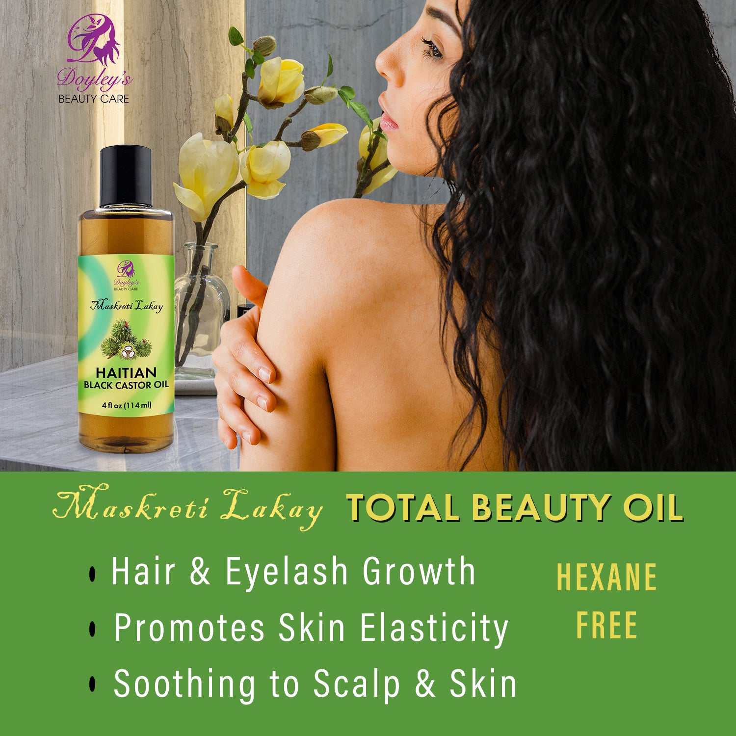 Woman with long hair portraying Doyley's Haitian Black Castor Oil for Skin care. 