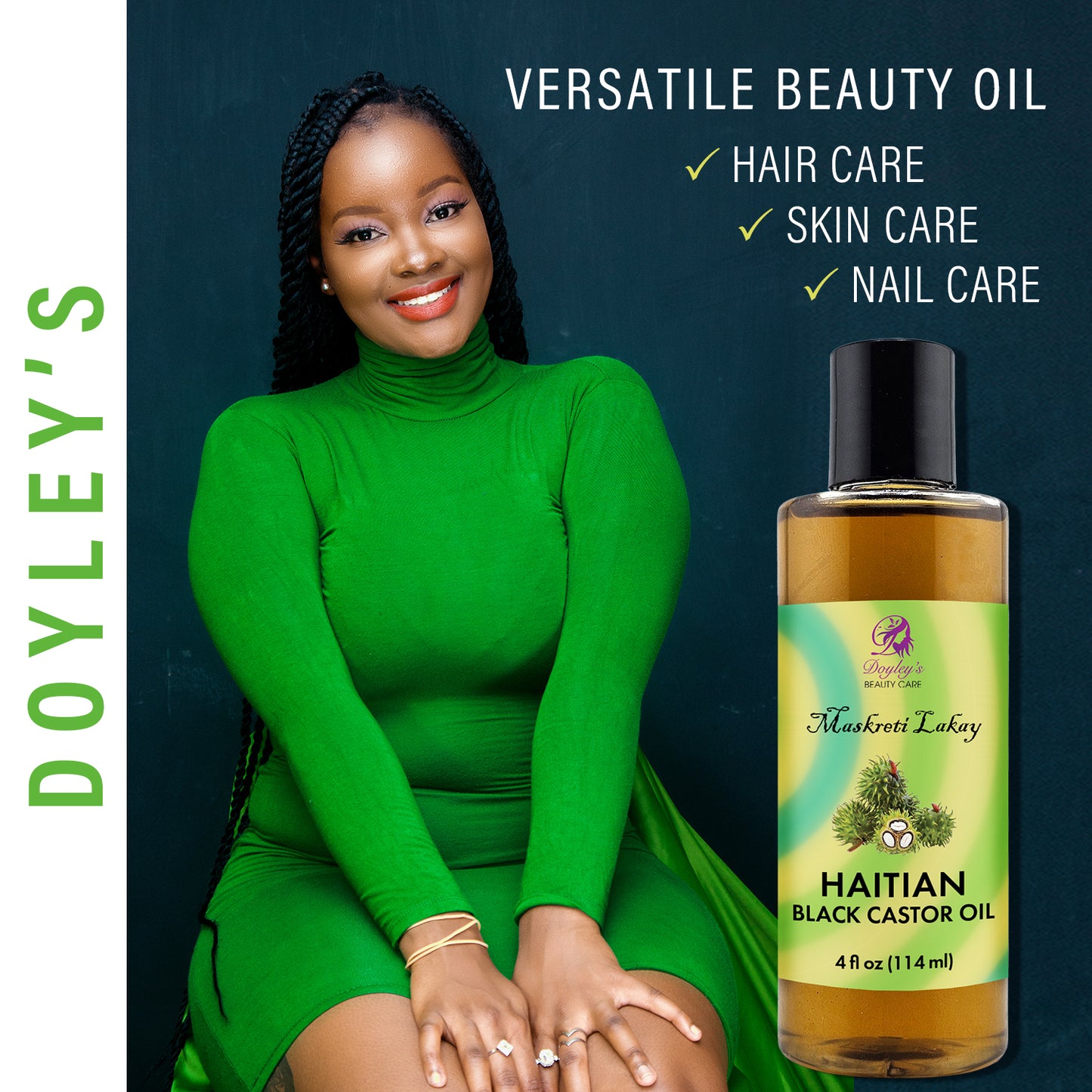 Woman in green dress with Doyley's Haitian Black Castor Oil bottle on a dark background
