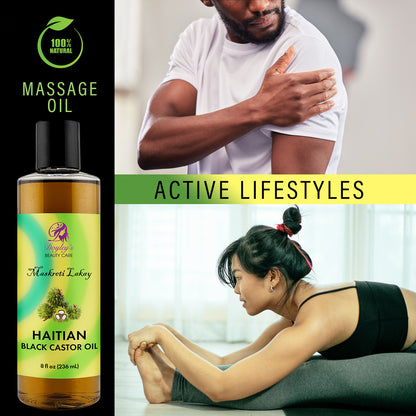 Massage oil bottle with a person massaging their shoulder and another person stretching, labeled 'Active Lifestyles'.