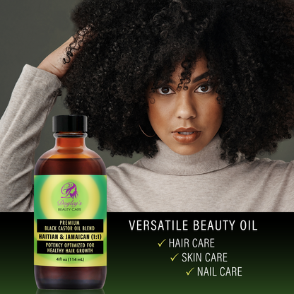 Doyley's Premium Haitian and Jamaican Black Castor Oil 1:1 Blend lifestyle woman touching hair
