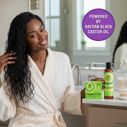 Woman in a bathrobe with Doyley's Haitian Castor Oil Shampoo bar and Conditioner